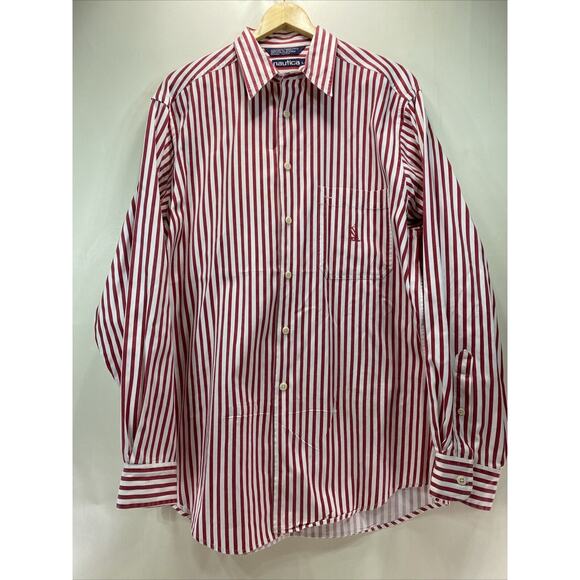 Vintage 90’s Nautica Red White Striped Long Sleeve Button Shirt Size XL 46-48 - Picture 1 of 9